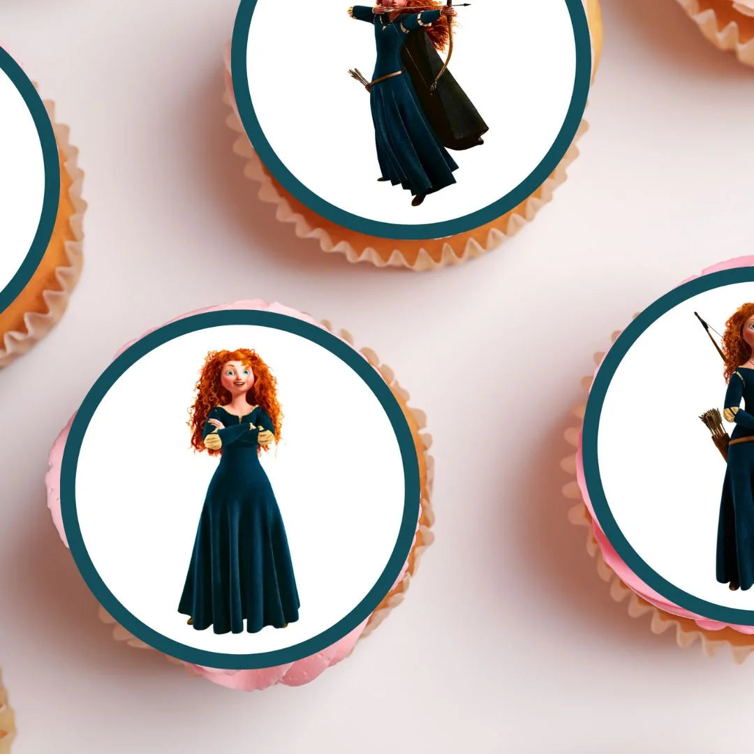 Princess Merida Edible Cupcake Toppers on chocolate cupcakes with white frosting
