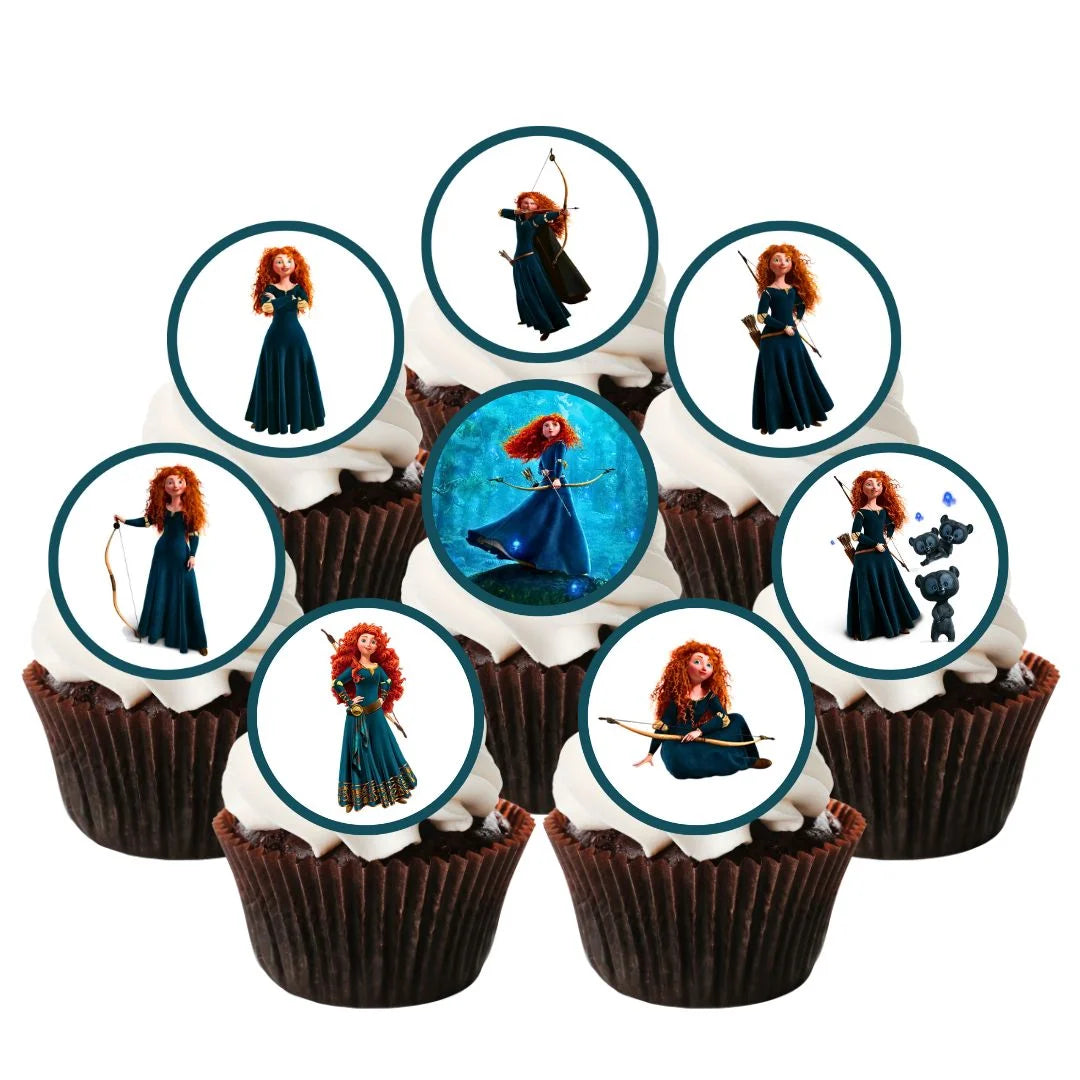 Princess Merida Edible Cupcake Toppers on chocolate cupcakes with white frosting