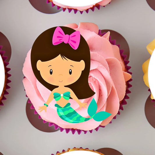 Mermaid Theme Edible Cupcake Toppers on cupcakes with pink frosting