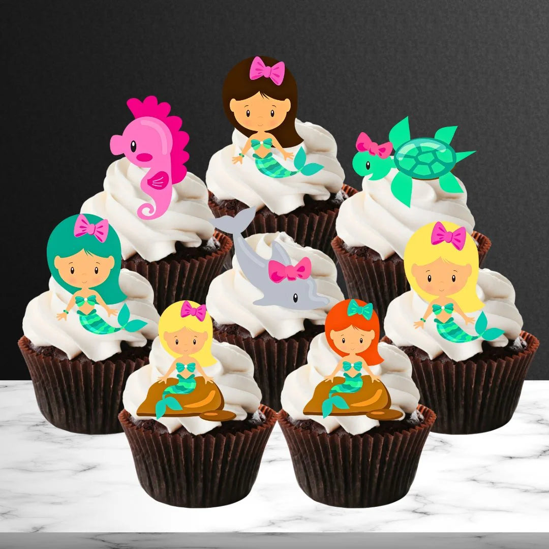 Mermaid Theme Edible Cupcake Toppers on chocolate cupcakes with white frosting
