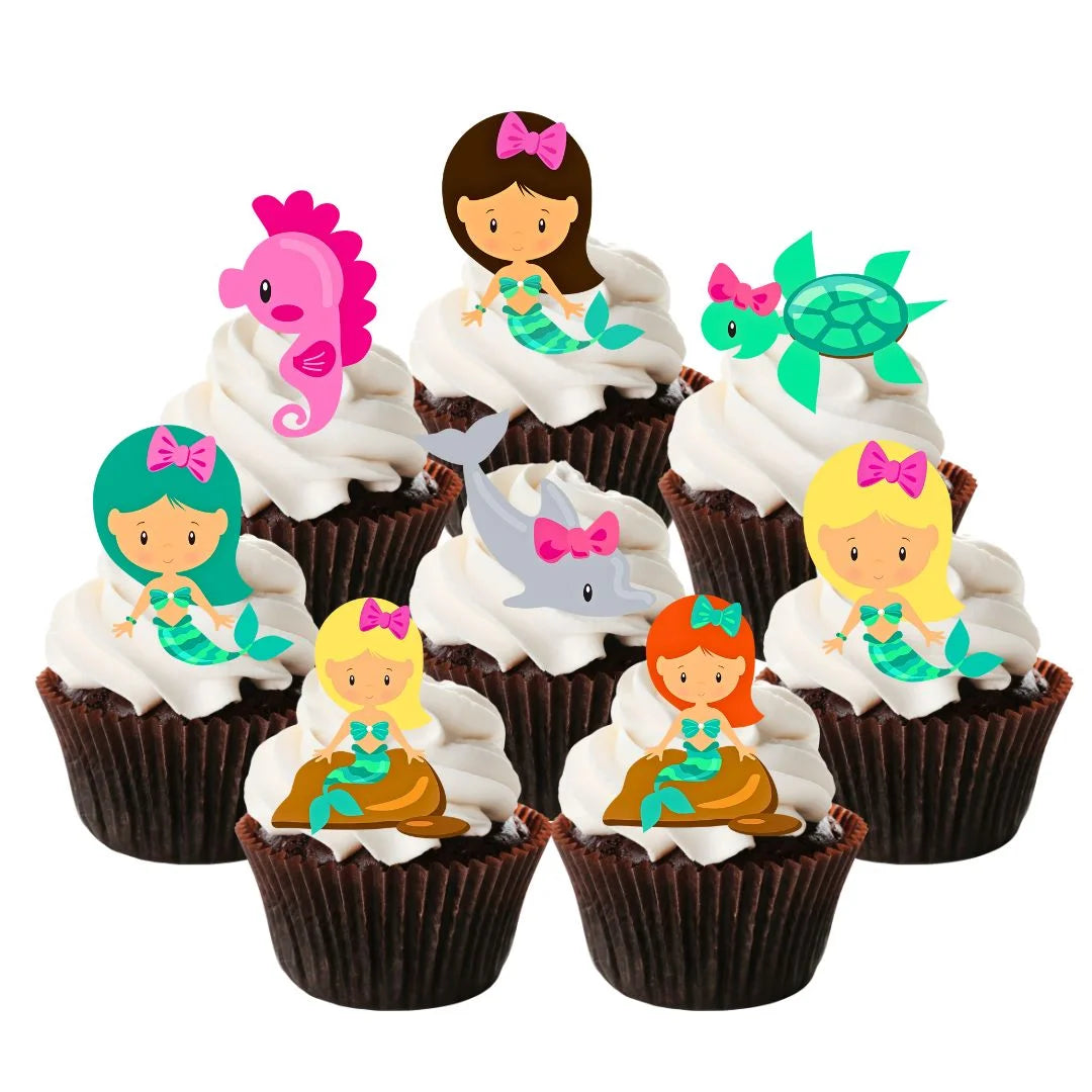Mermaid Theme Edible Cupcake Toppers on chocolate cupcakes with white frosting