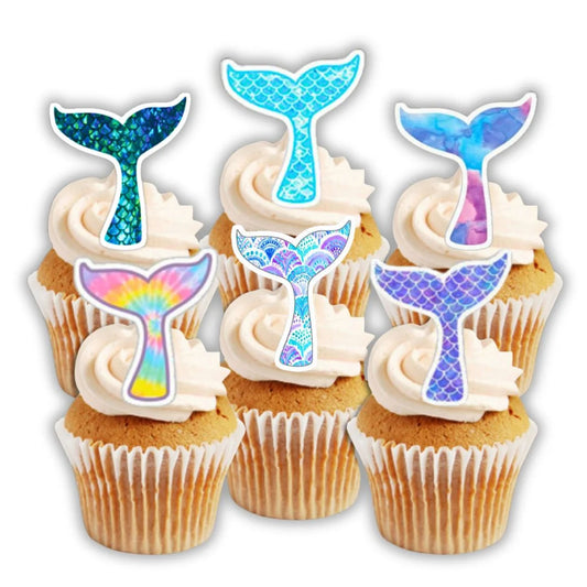 Mermaid Tails Edible Cupcake Toppers on white frosted cupcakes