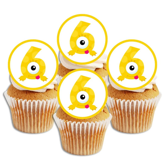 6th Birthday Monster Theme Edible Cupcake Toppers on white frosted cupcakes