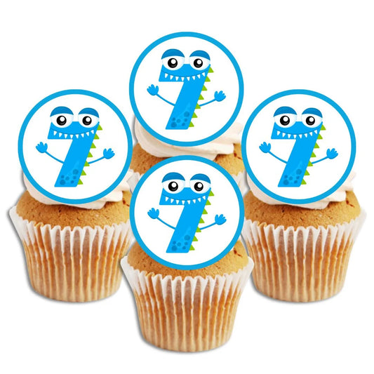 7th Birthday Monster Theme Edible Cupcake Toppers on white frosted cupcakes