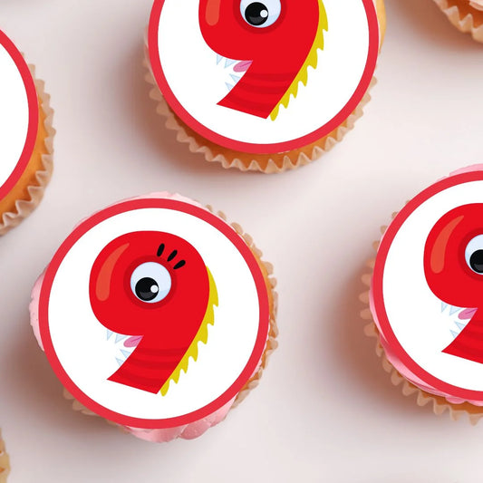 9th Birthday Edible Monster Theme Cupcake Toppers on white frosted cupcakes