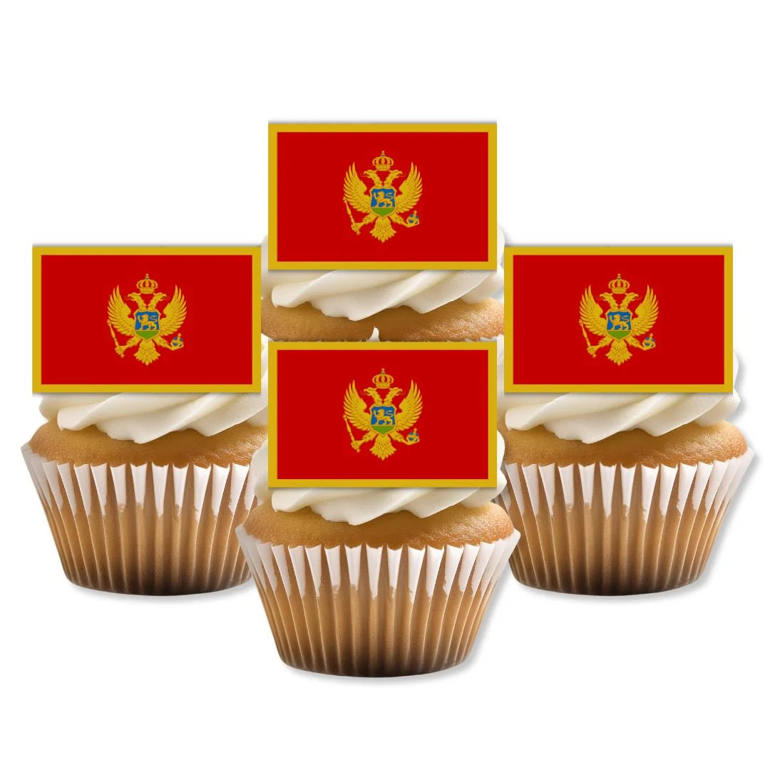Montenegro Flag Edible Cupcake Toppers on white frosted cupcakes