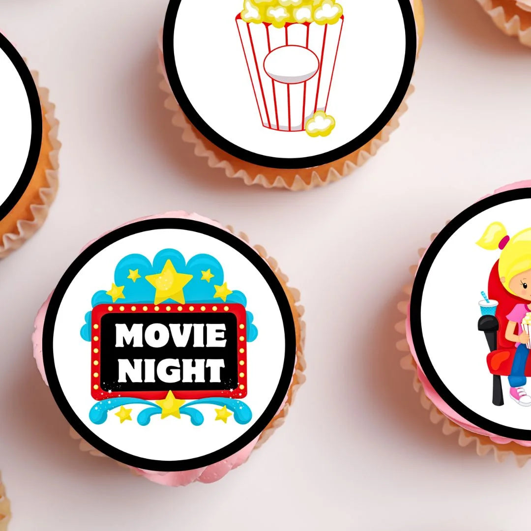 Movie Night Edible Cupcake Toppers on chocolate cupcakes with pink frosting