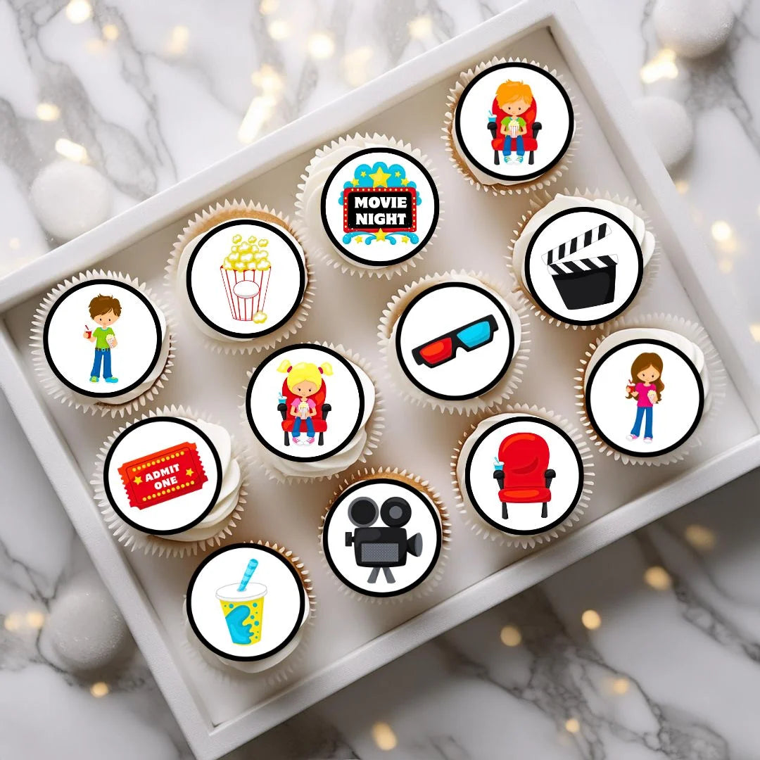 Movie Night Edible Cupcake Toppers on chocolate cupcakes with white frosting