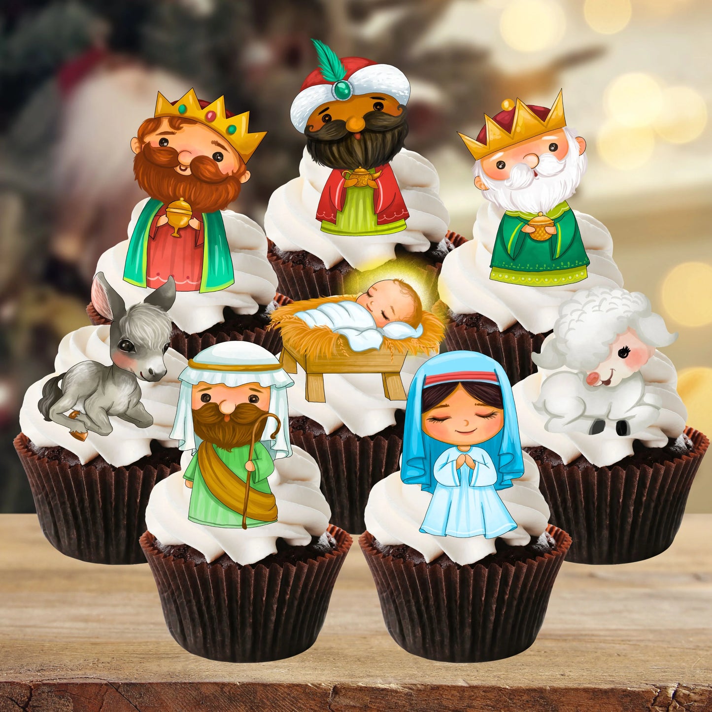 Christmas Nativity Cupcake Toppers on chocolate cupcakes with white frosting