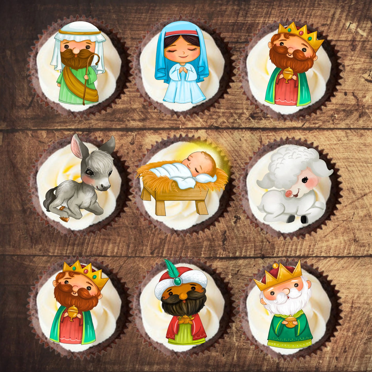Christmas Nativity Cupcake Toppers on chocolate cupcakes with white frosting