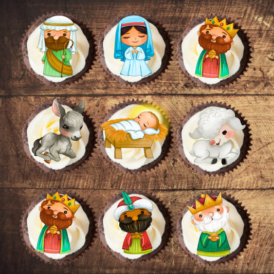 Christmas Nativity Cupcake Toppers on chocolate cupcakes with white frosting