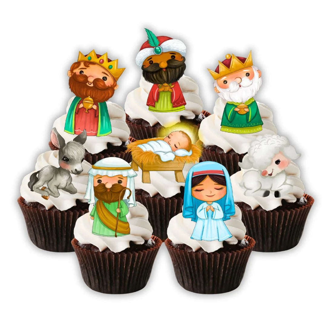 Christmas Nativity Cupcake Toppers on chocolate cupcakes with white frosting
