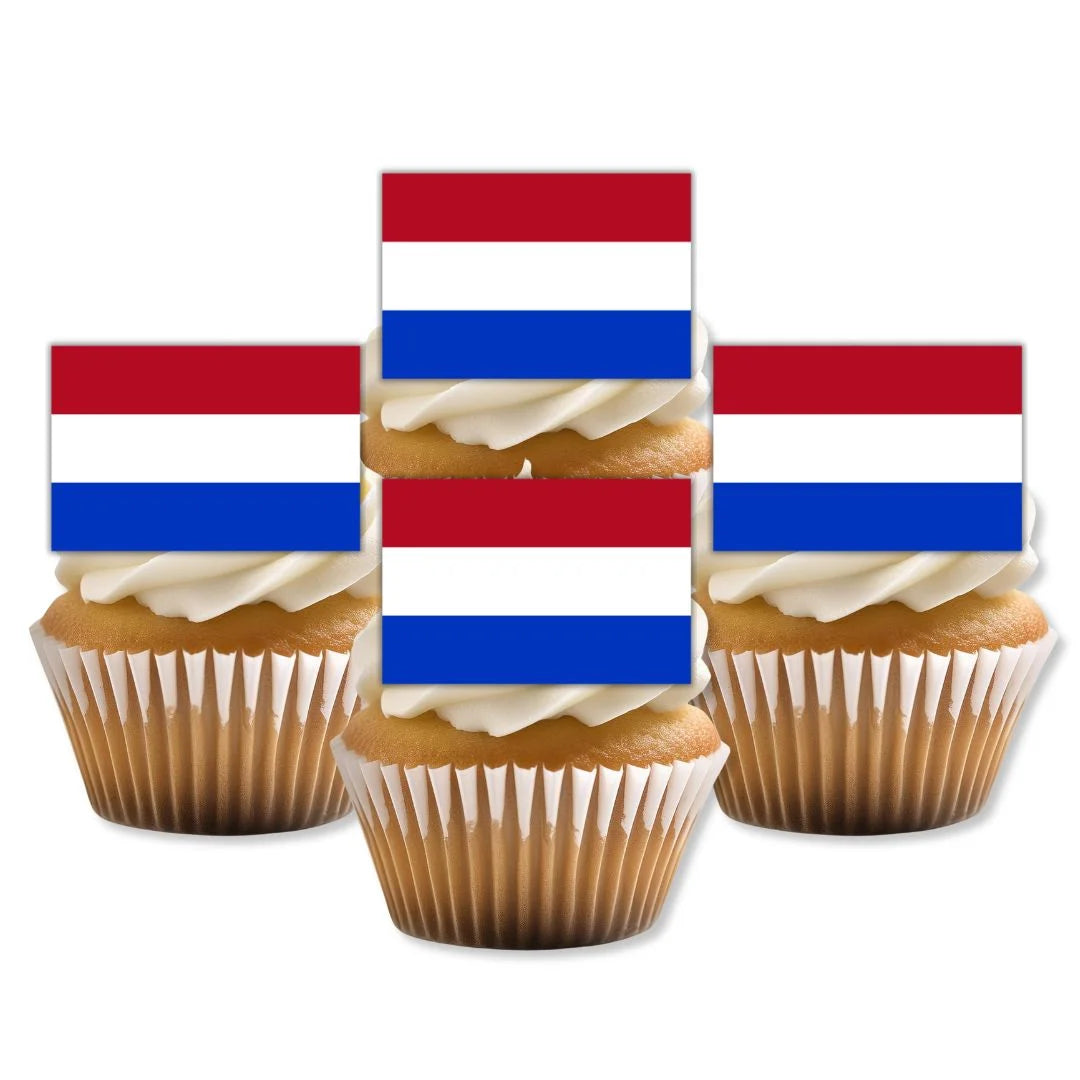 Netherlands Flag Edible Cupcake Toppers on white frosted cupcakes