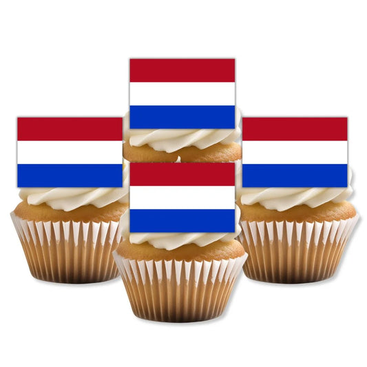 Netherlands Flag Edible Cupcake Toppers on white frosted cupcakes