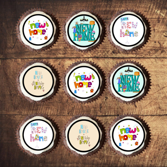 New Home Edible Cupcake Toppers on chocolate cupcakes with white frosting