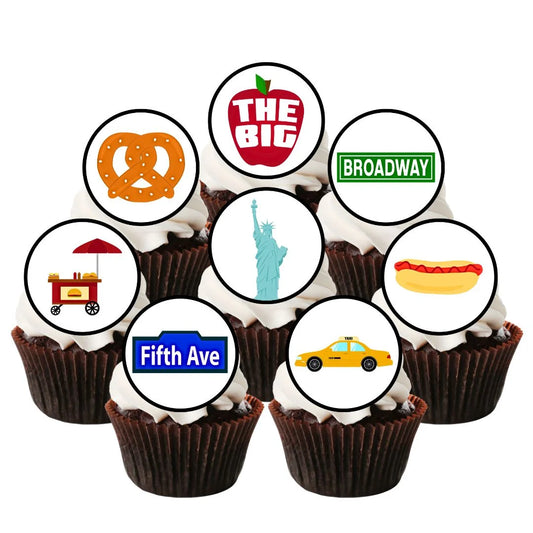 New York Edible Cupcake Toppers on chocolate cupcakes with white frosting