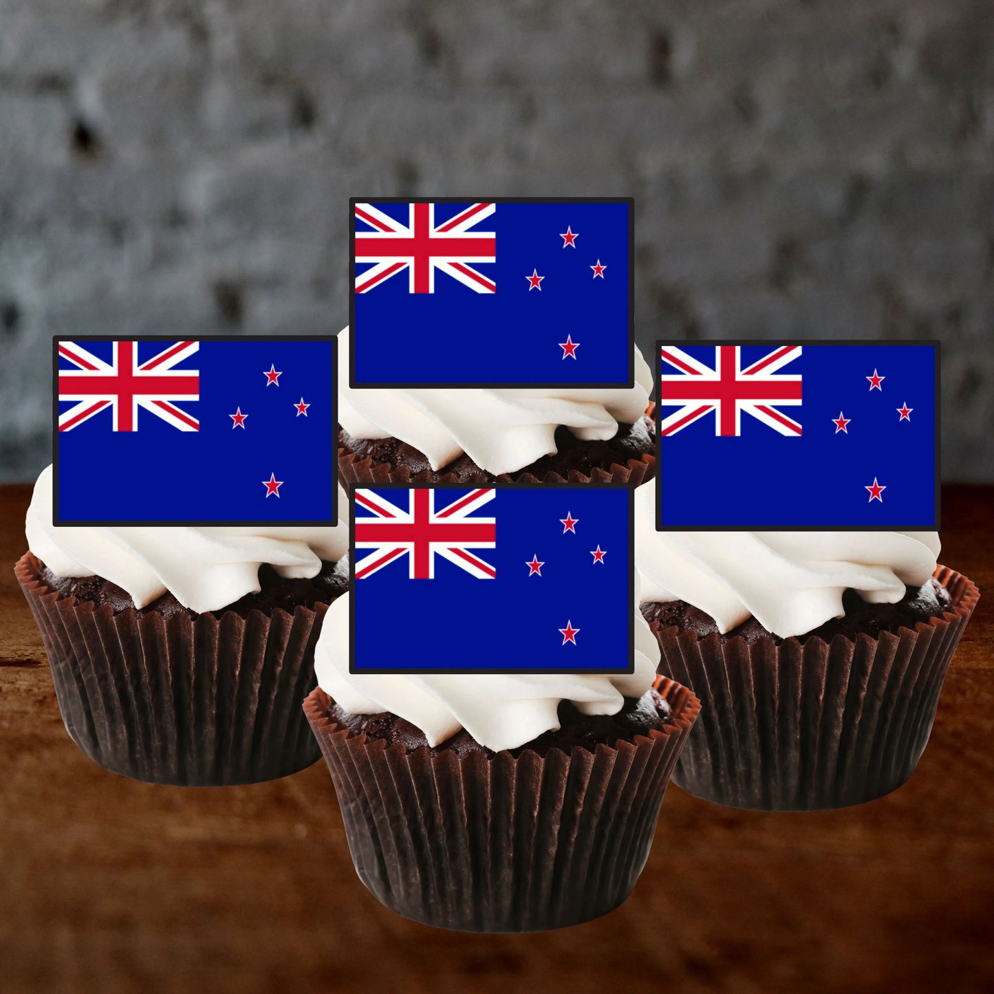 New Zealand Flag Edible Cupcake Toppers on chocolate cupcakes with white frosting