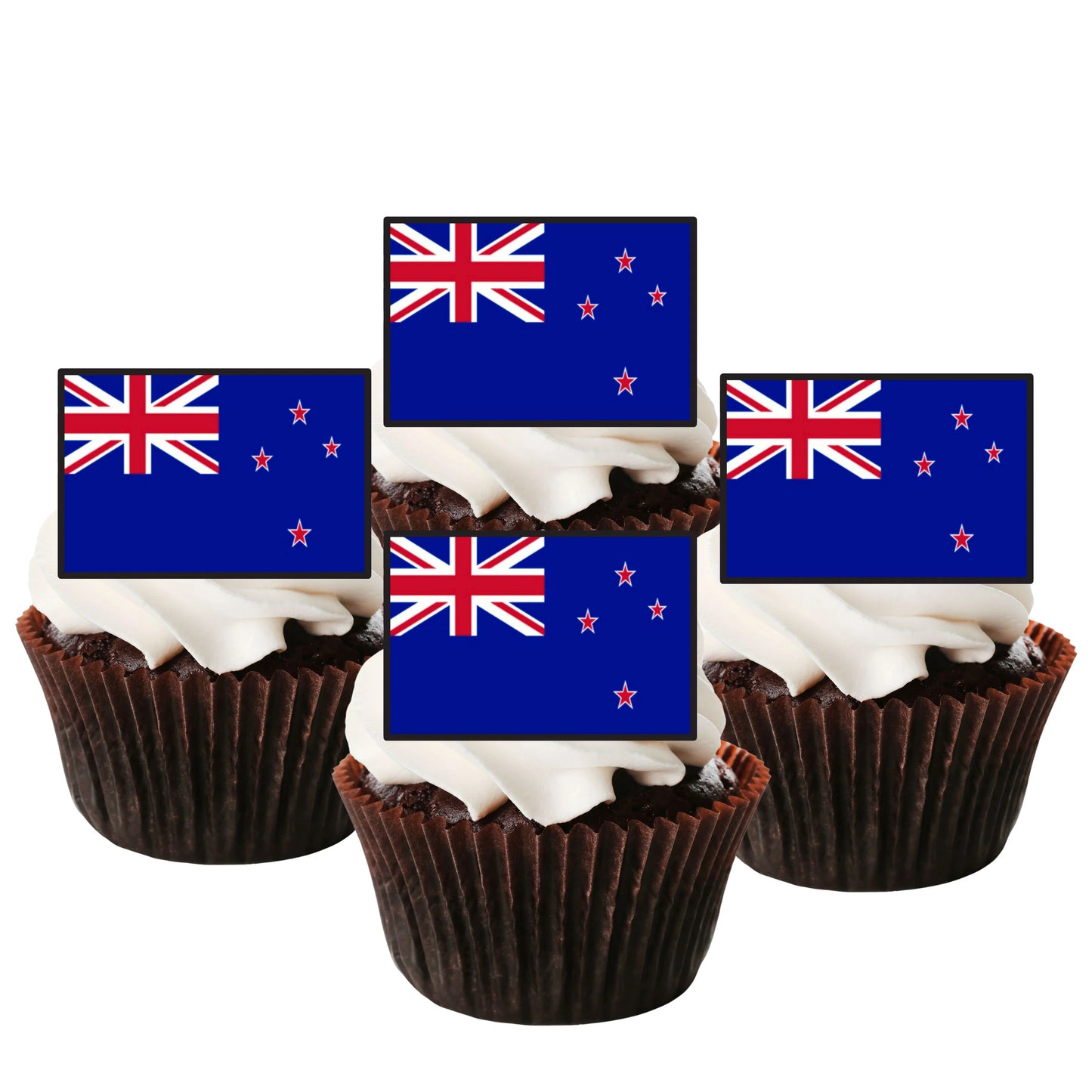 New Zealand Flag Edible Cupcake Toppers on chocolate cupcakes with white frosting