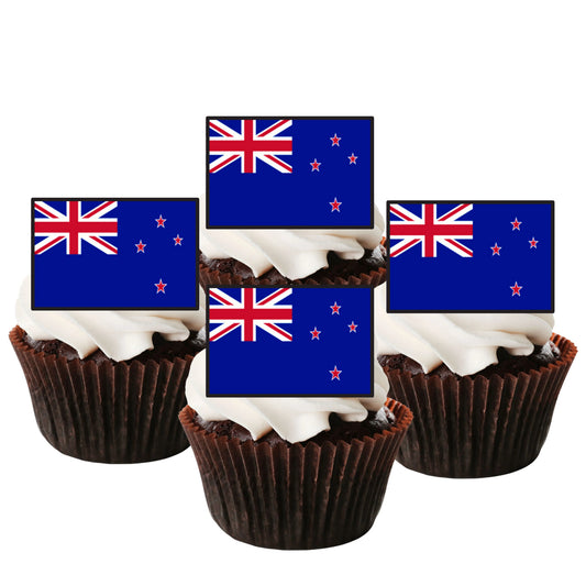 New Zealand Flag Edible Cupcake Toppers on chocolate cupcakes with white frosting