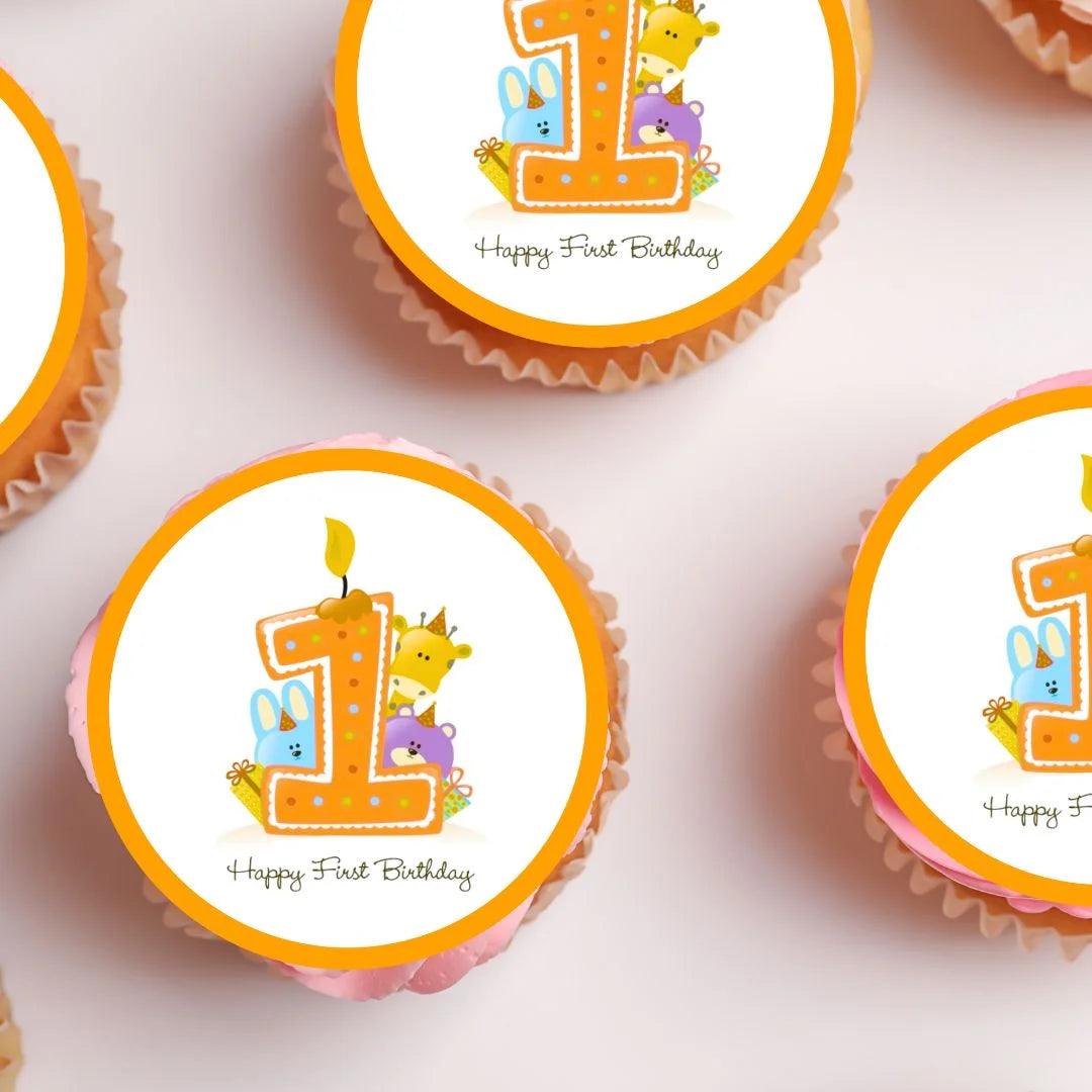 orange 1 cupcake toppers with cute illustrated animals on top on white frosted cupcakes