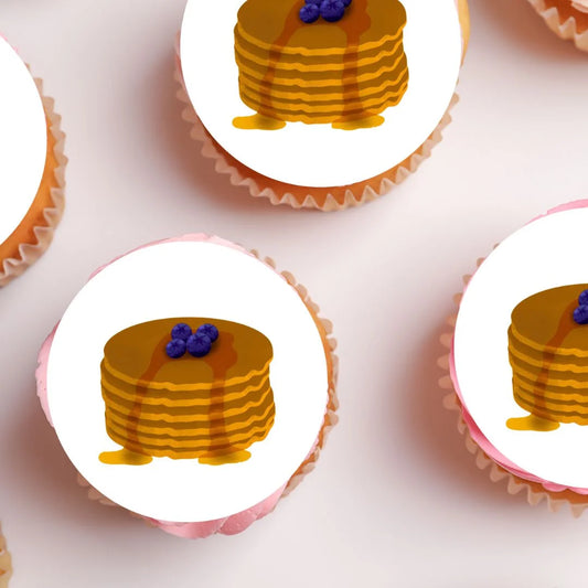 Pancakes Edible Cupcake Toppers on white frosted cupcakes