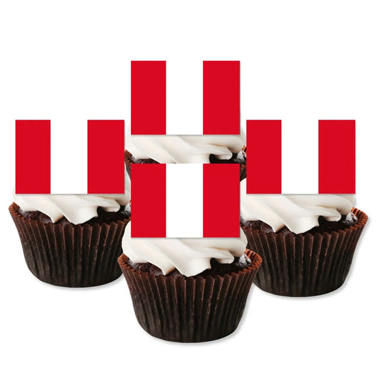 Peru Flag Edible Cupcake Toppers on chocolate cupcakes with white frosting