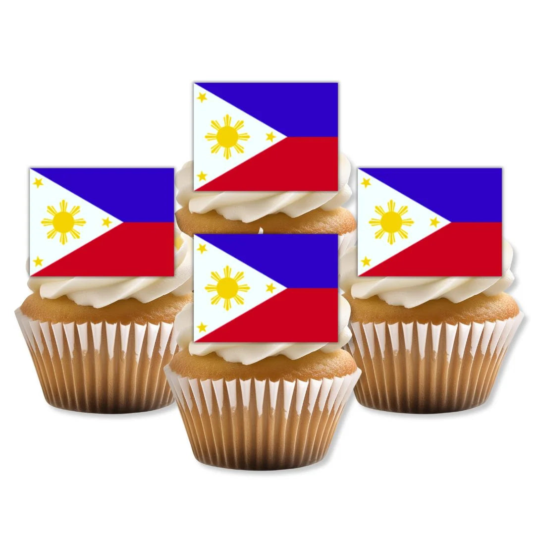 Philppines Flag Edible Cupcake Toppers on white frosted cupcakes