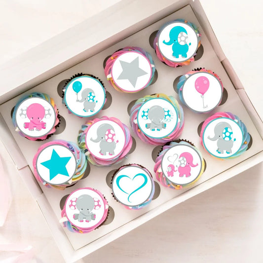 tray of rainbow frosted cupcakes with edible cake toppers featuring cute blue and pink elephants