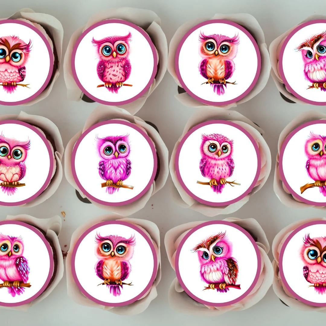 top down view of cupcakes with white frosting and illustrated cute pink owl cupcake toppers.