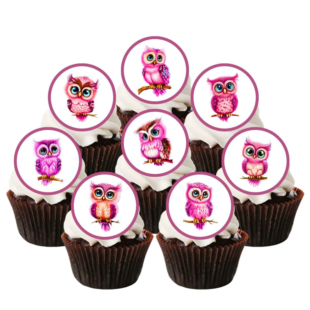 cupcakes with white frosting and illustrated cute pink owl cupcake toppers.