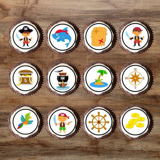 Pirate theme colourful Edible Cupcake Toppers on white frosted cupcakes
