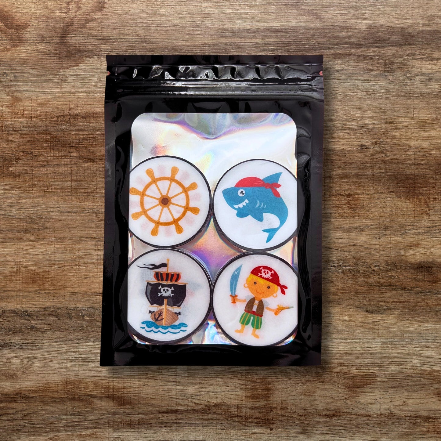 Pirate theme colourful Edible Cupcake Toppers in black packaging