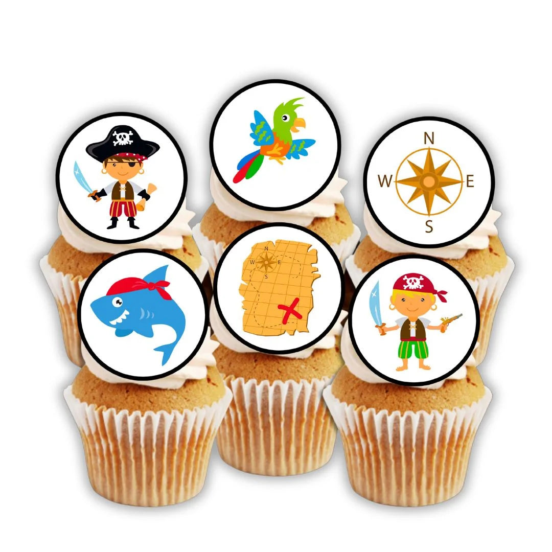 Pirate theme colourful Edible Cupcake Toppers on white frosted cupcakes