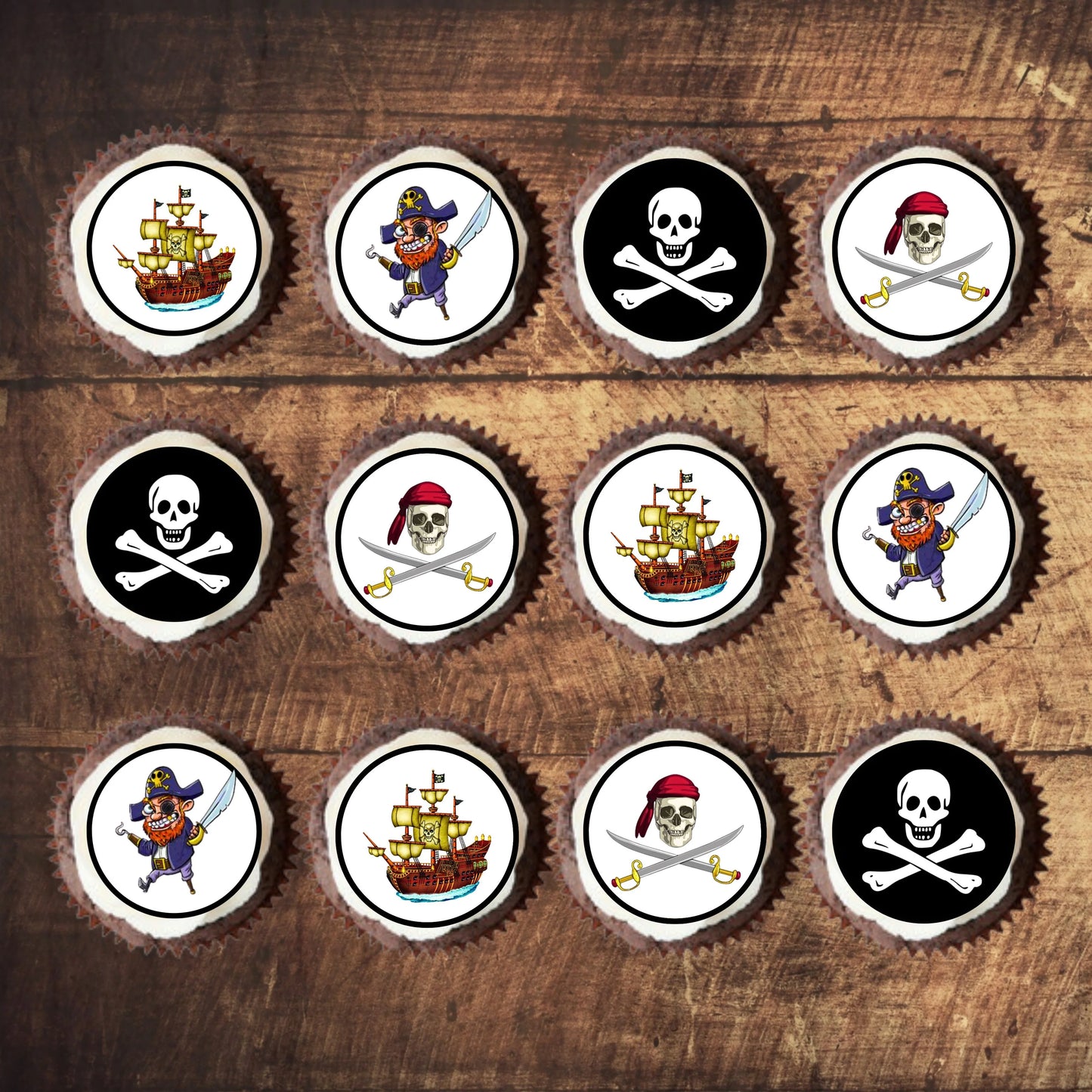 Pirate Theme Edible Cupcake Toppers on chocolate cupcakes with white frosting