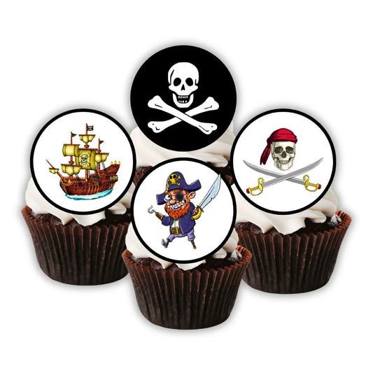 Pirate Theme Edible Cupcake Toppers on chocolate cupcakes with white frosting
