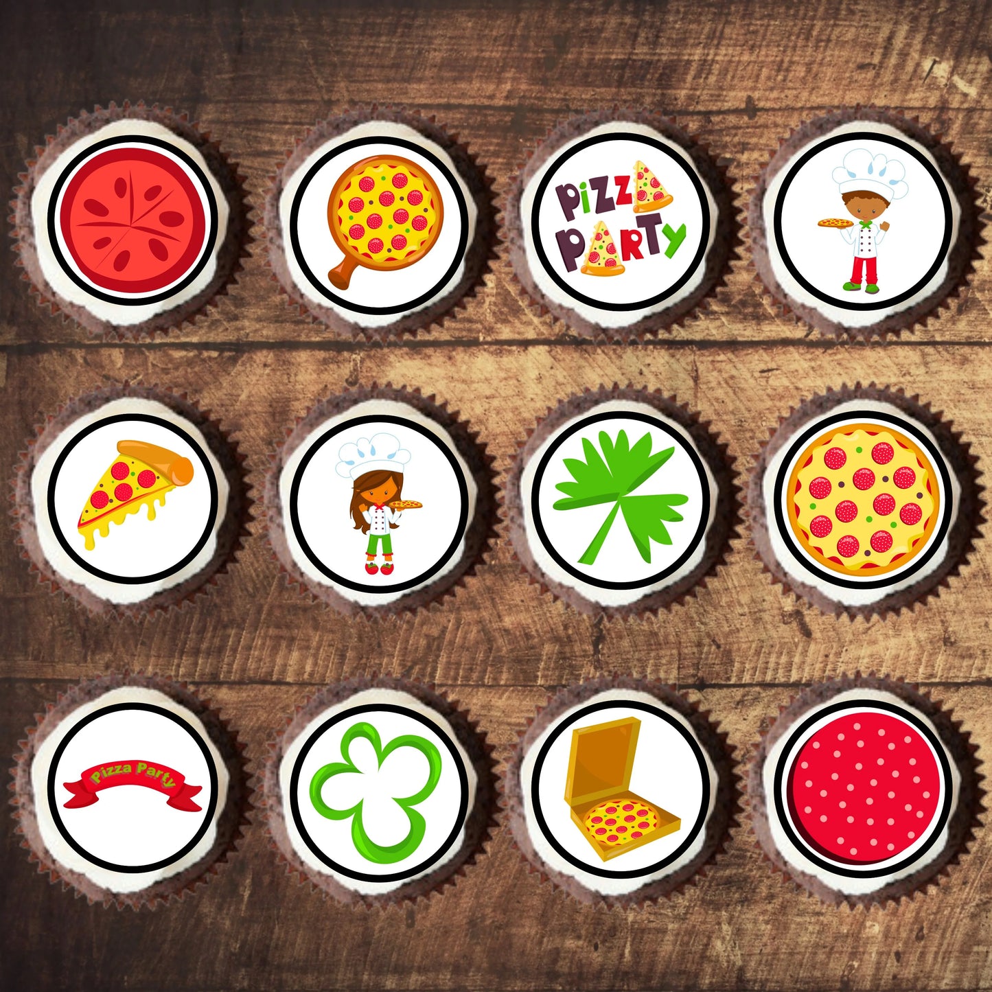 Pizza Party Edible Cupcake Toppers on chocolate cupcakes with white frosting