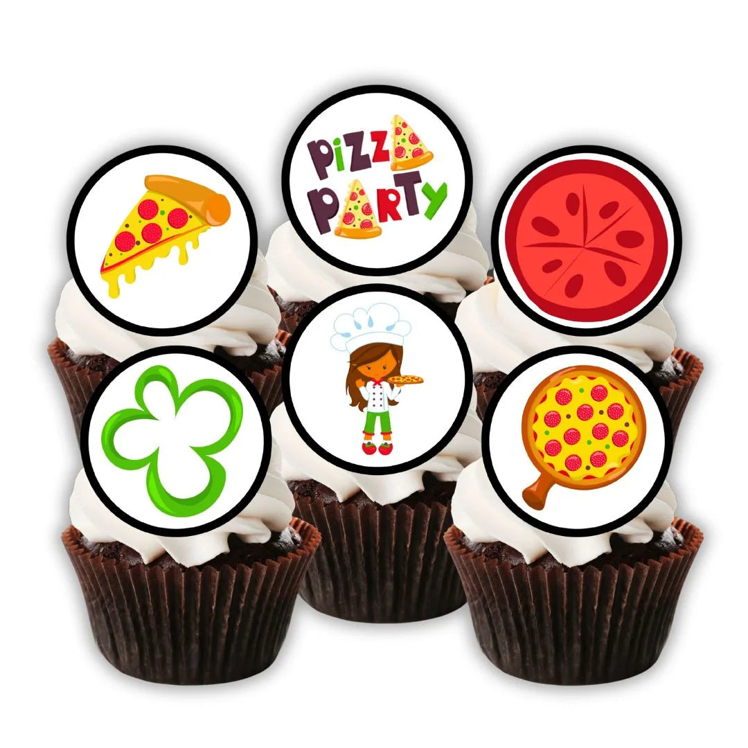 Pizza Party Edible Cupcake Toppers on chocolate cupcakes with white frosting