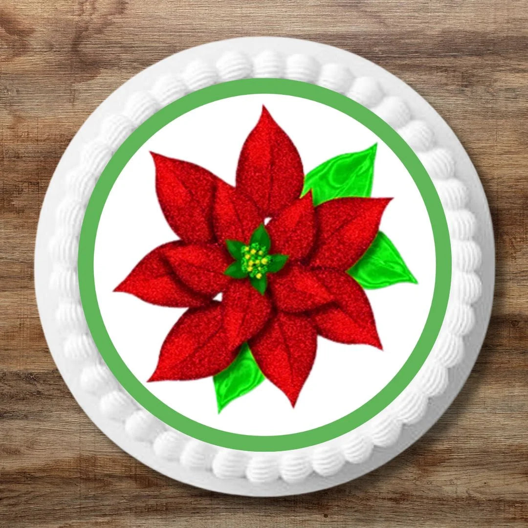 Christmas Poinsettia cake Topper on celebration cake with white frosting
