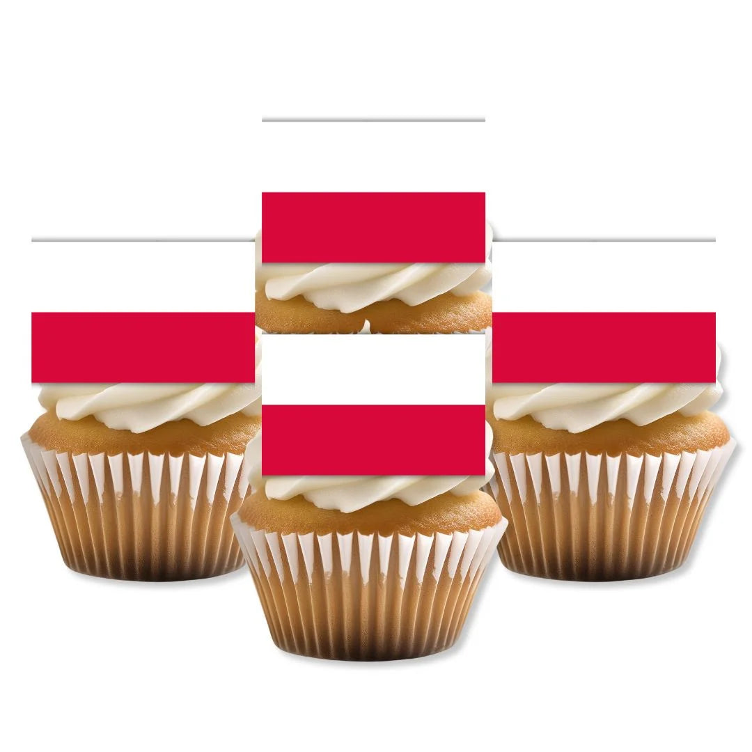 Poland Flag Edible Cupcake Toppers on white frosted cupcakes