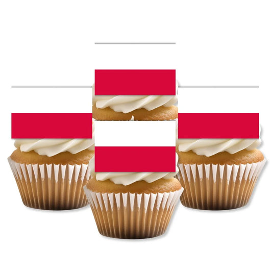 Poland Flag Edible Cupcake Toppers on white frosted cupcakes