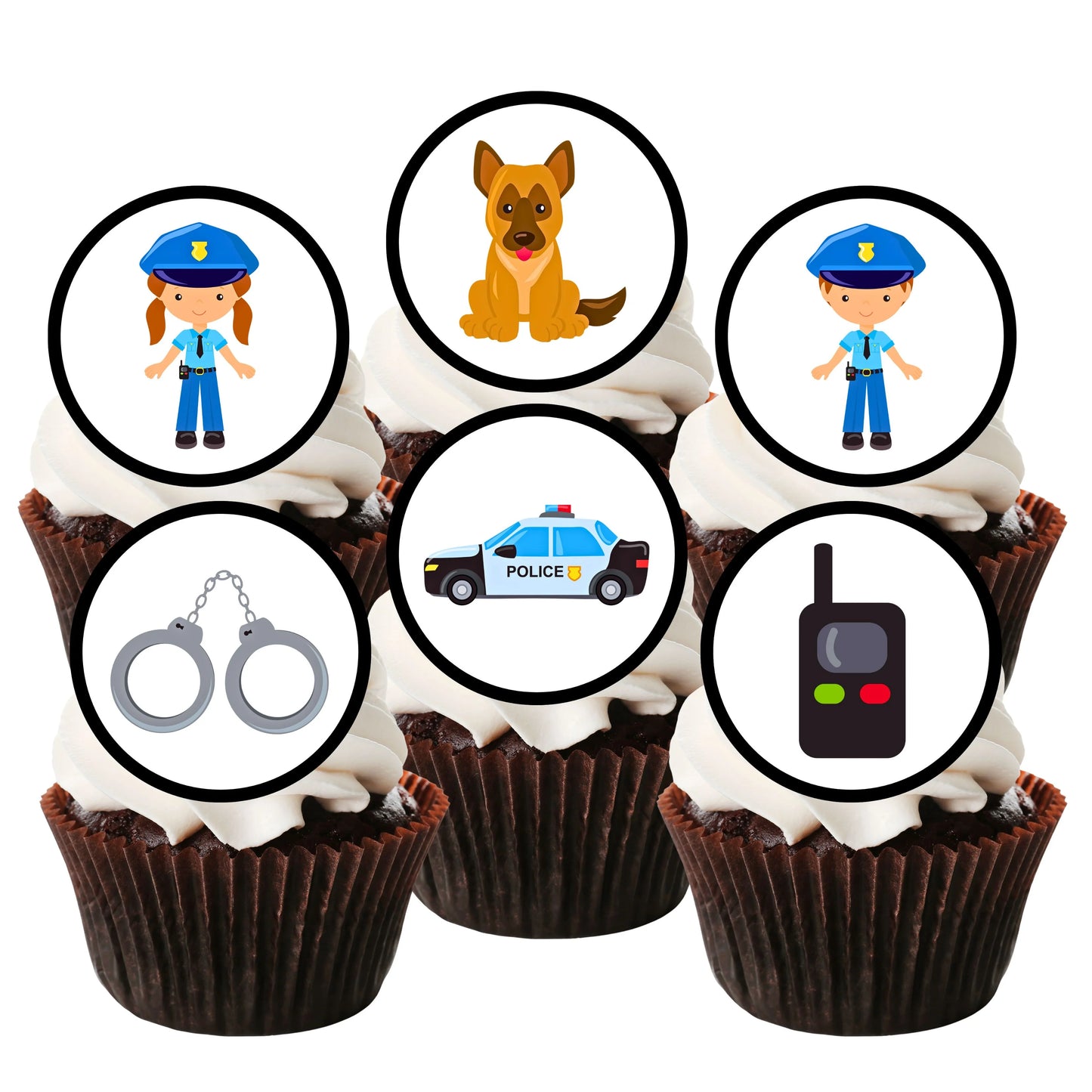 Police Sheriff Edible Cupcake Toppers with cute police themed illustrations on white frosted cupcakes