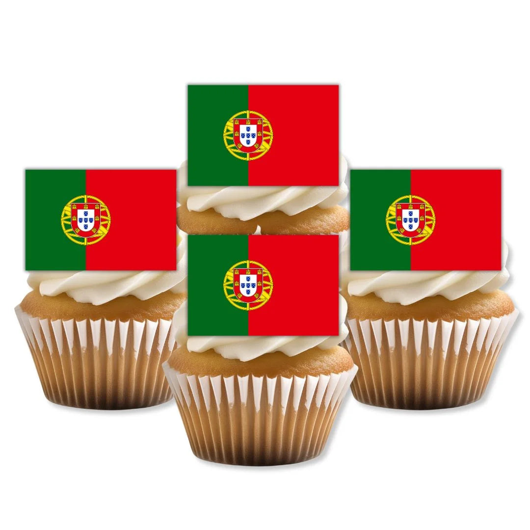Portugal Flag Edible Cupcake Toppers on white frosted cupcakes