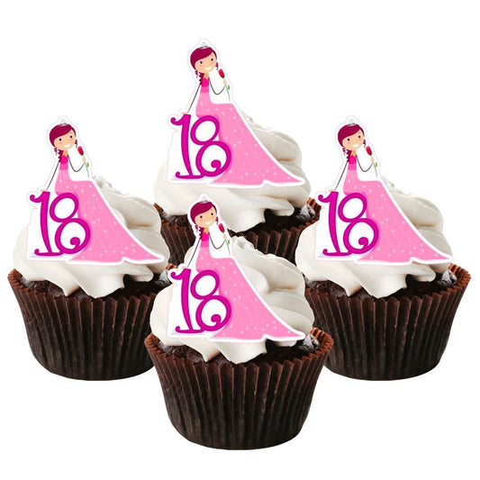 18th Birthday Girl Princess Edible Cupcake Toppers on chocolate frosted cupcakes