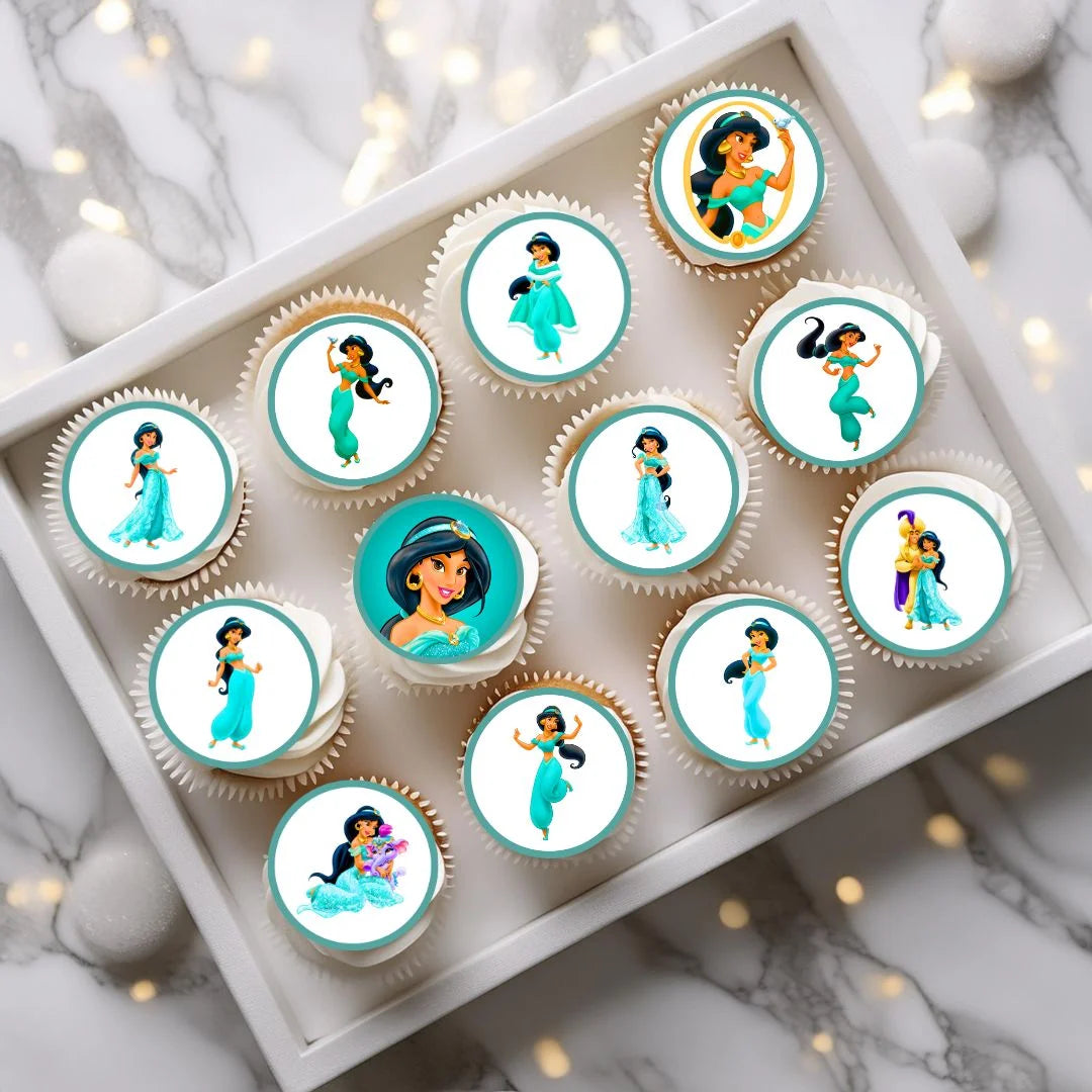 Princess Jasmine Theme Edible Cupcake Toppers on white frosted cupcakes