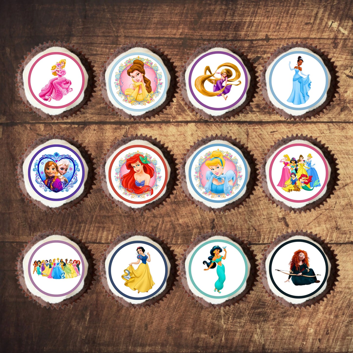 Princess Themed Edible Cupcake Toppers on cupcakes with pink frosting
