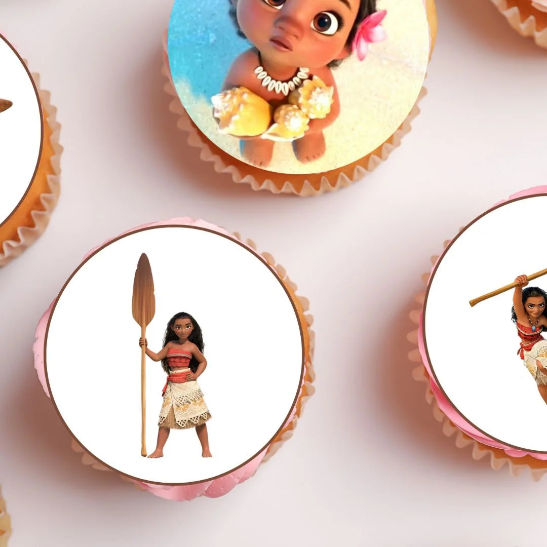 Princess Moana Theme Edible Cupcake Toppers on cupcakes with pink frosting