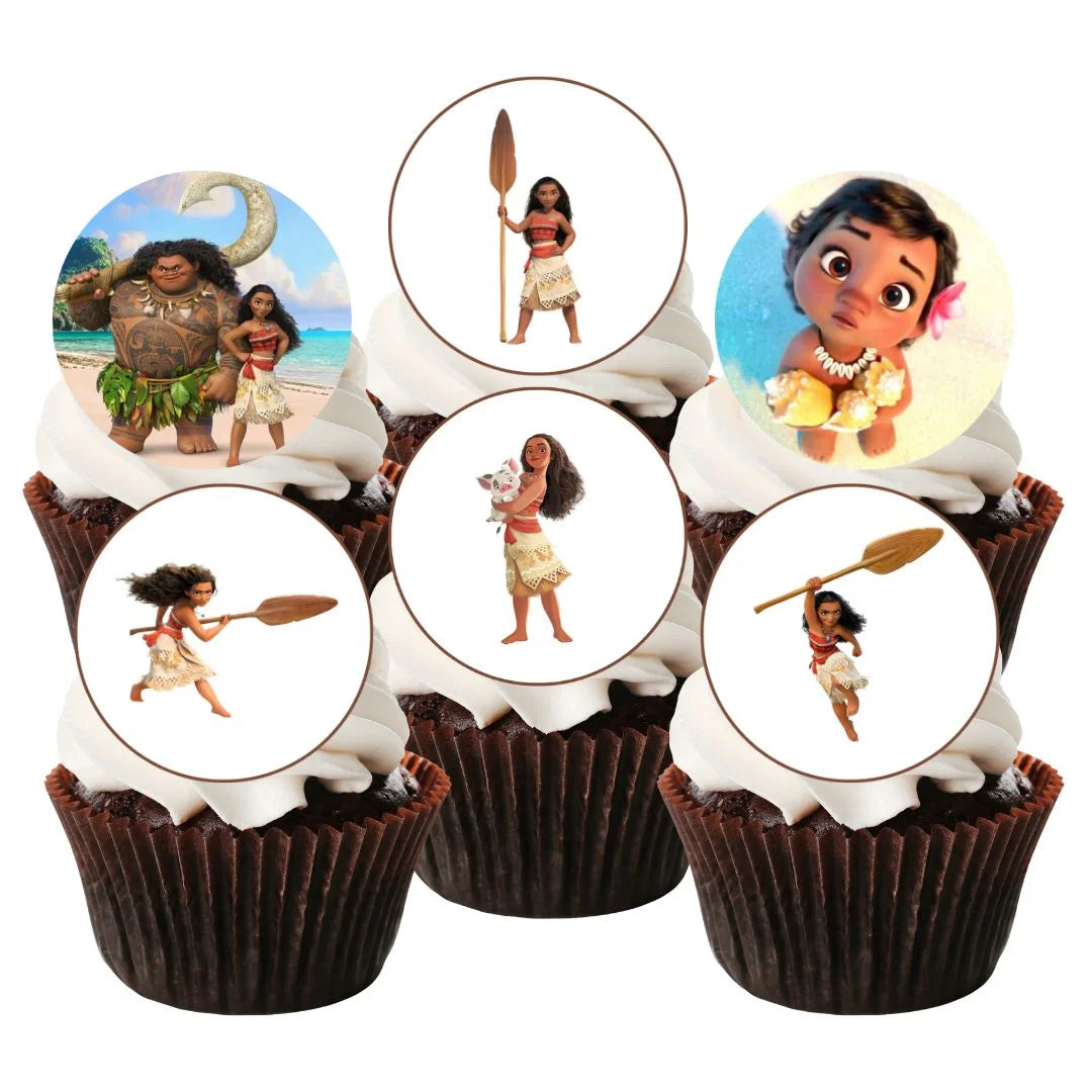 Princess Moana Theme Edible Cupcake Toppers on chocolate cupcakes with white frosting