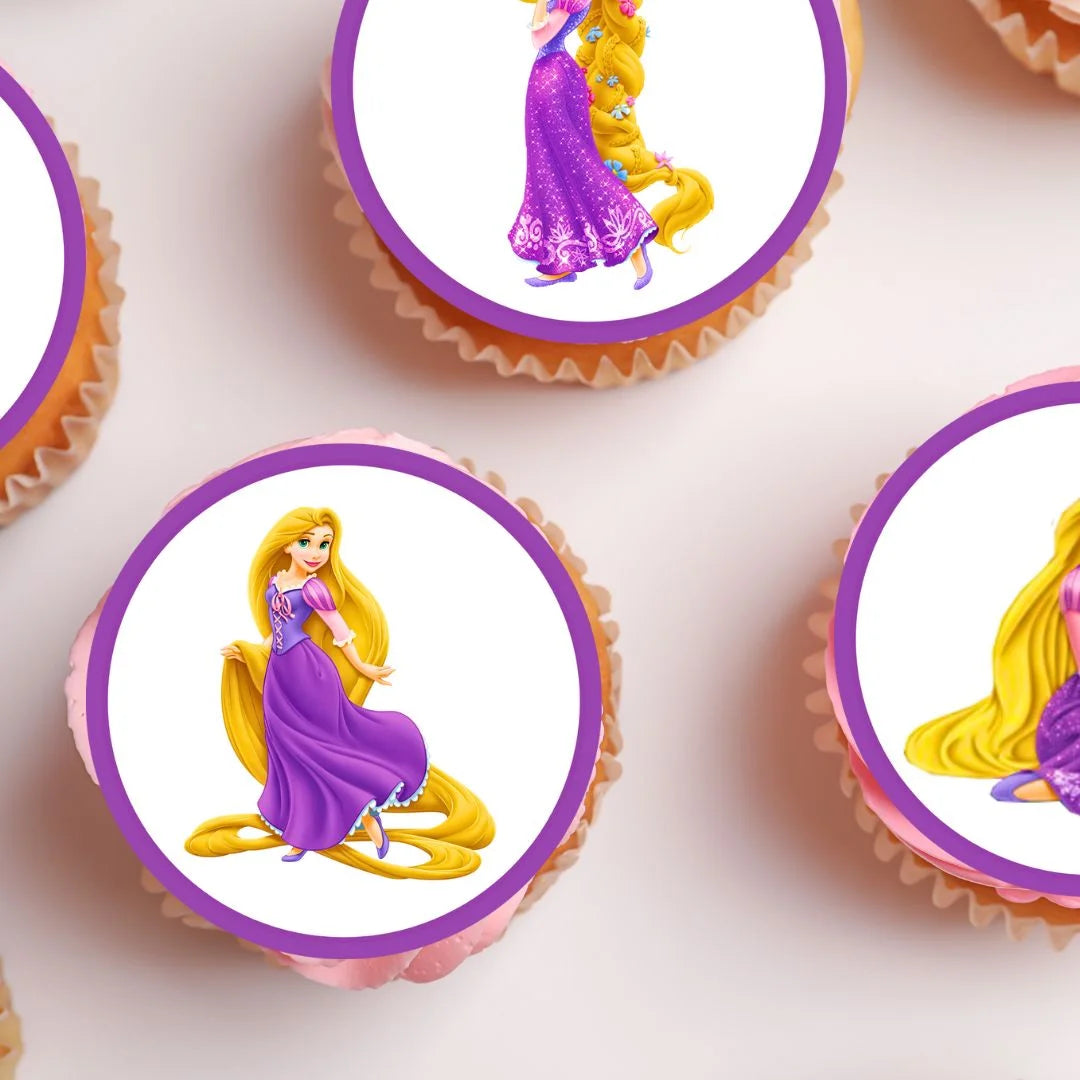 Rapunzel Themed Edible Cupcake Toppers on chocolate cupcakes with white frosting