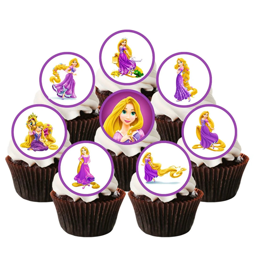 Rapunzel Themed Edible Cupcake Toppers on chocolate cupcakes with white frosting