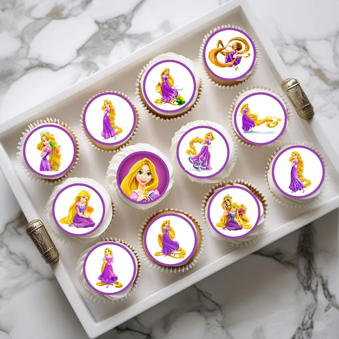 Rapunzel Themed Edible Cupcake Toppers on chocolate cupcakes with white frosting